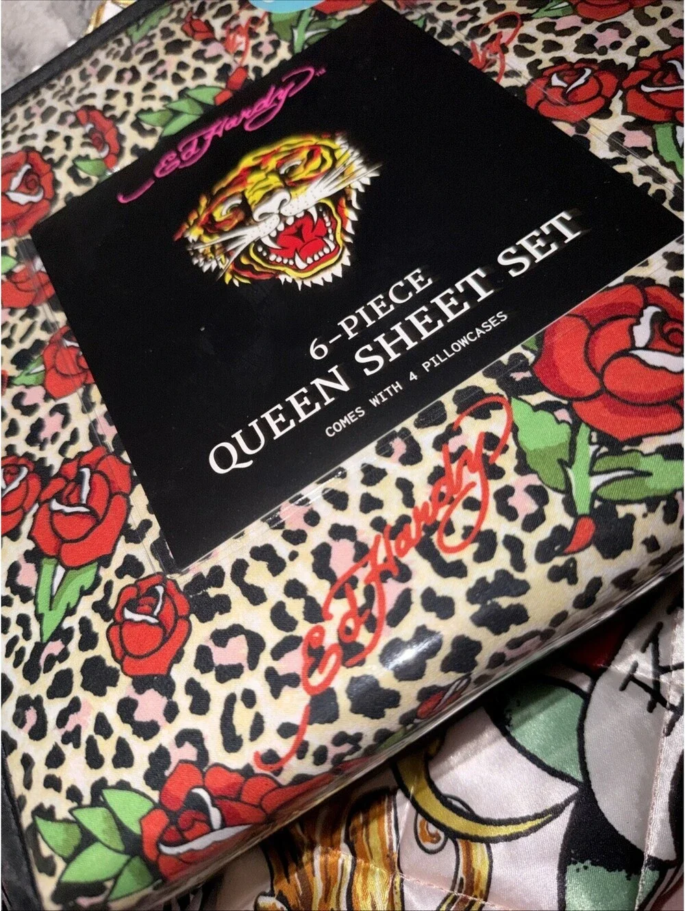 ED HARDY Queen Sheet Set 6pc New Flowers Roses Leopard Cheetah Tattoo Grunge Y2K